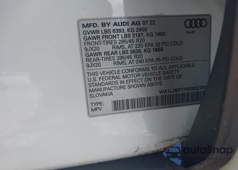 2022 Audi Q7 Premium Plus 45 Tfsi Quattro Tiptronic z USA, uszkodzony, nr VIN WA1LJBF77ND022193
